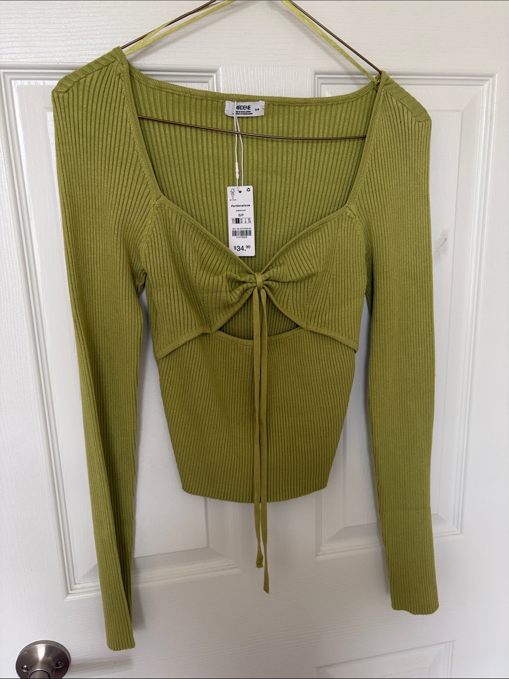 Olive Tie-Front Ribbed Long Sleeve Crop Top
